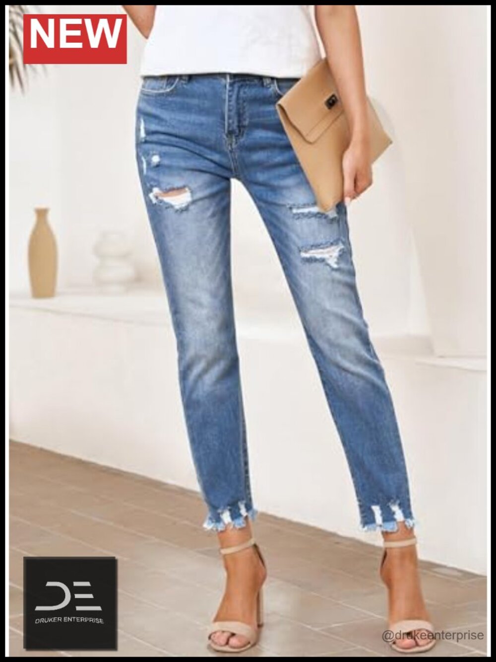High Waisted Tummy Control Straight Ankle Ripped Jeans Stretchy Distressed - Picture 2 of 6